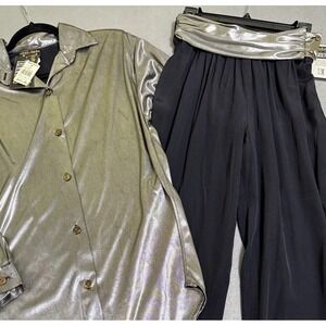 Black Metallic Liquid Sz M 2 Piece Pant Set Vtg 90's Silver Dressy New Harlem